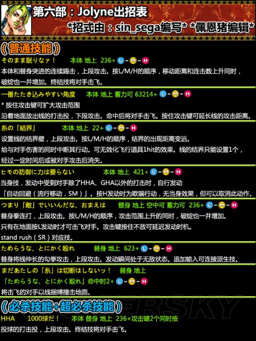 《乔乔奇妙冒险:全明星大乱斗》出招表