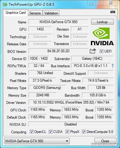 影驰gtx 950黑将的gpu-z信息