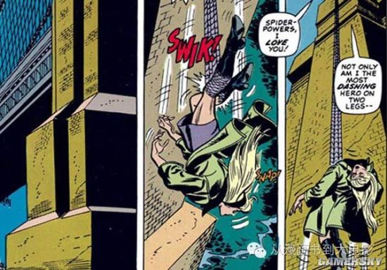 绿魔把格温从桥上扔下去,蜘蛛侠赶去营救她,但是蛛丝的