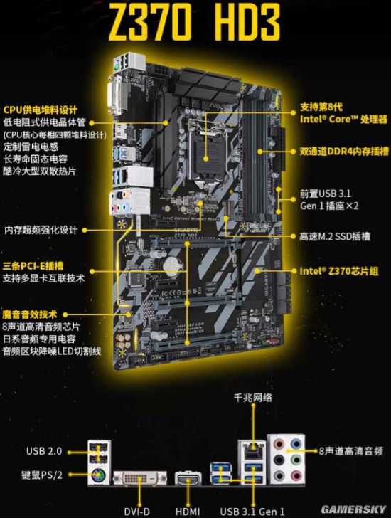 技嘉ga-z370-hd3超耐久主板支持第8代intel酷睿处理器,支持多显卡