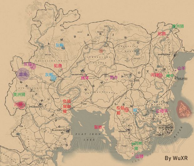 荒野大镖客2各动物狩猎分布点图示