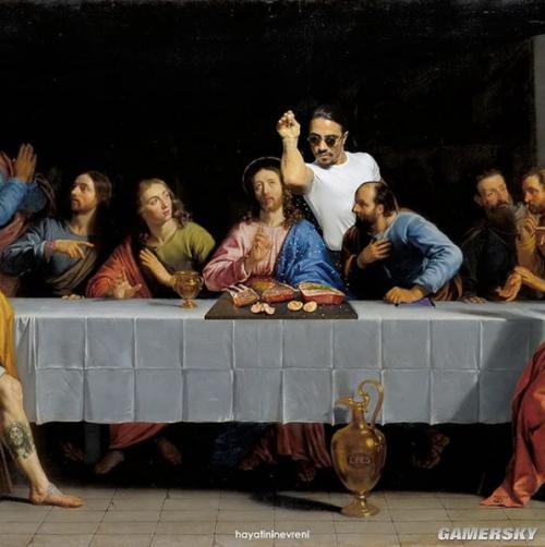 花式洒盐哥乱入最后的晚餐,耶稣的脸好像在翻白眼心想:到底还要撒多久