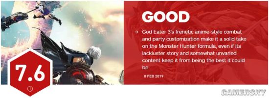 《噬神者3》IGN 7.6分：战斗体验出色、故事平淡                
