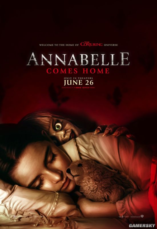 恐怖片安娜贝尔3回家吓人海报鬼娃娃睡在萝莉身后