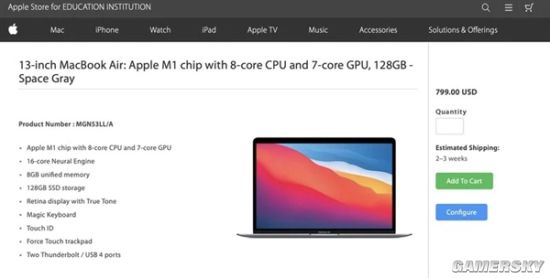 苹果推128GB MacBookAir 搭载M1芯片售价5300元