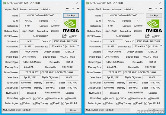 微星geforce rtx 3090 suprim x 24g显卡gpu-z信息(左:pcie4.