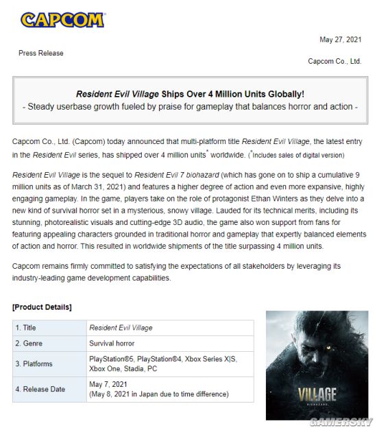 《生化危机8：村庄》全球销量超400万份 一举超过《生化危机3：重制版》销量纪录