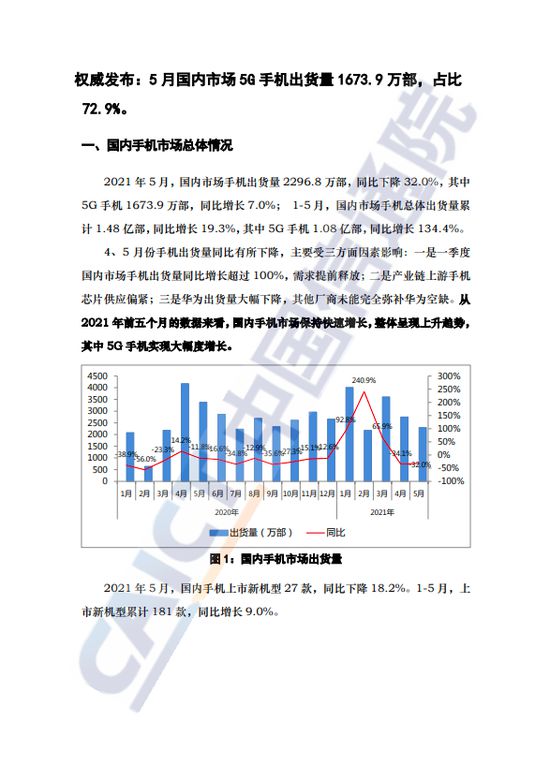 中国信通院：5月国内手机出货量同步下降32％