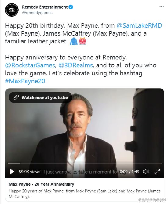《马克斯佩恩》发售20周年 开发商Remedy发视频祝贺