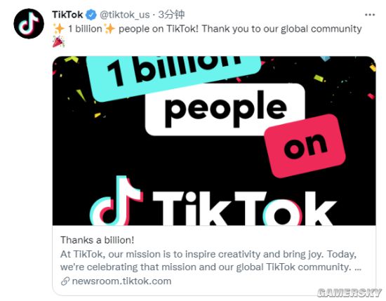 TikTok月活跃用户超过10亿人 官方发文庆祝