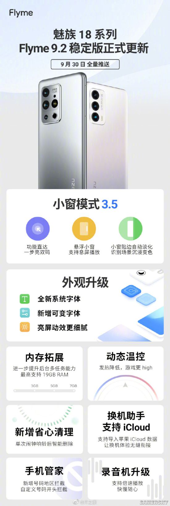 魅族18开启Flyme9.2稳定版推送 支持7GB内存拓展