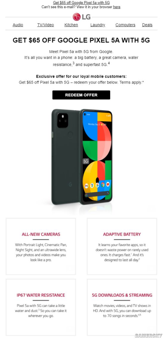 LG发邮件鼓励用户买谷歌Pixel5a 并提供优惠折扣