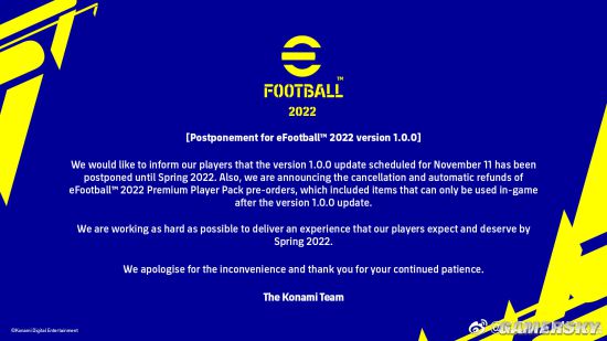 科乐美官宣《eFootball 2022》1.0版本更新推迟至明年 将为预购玩家自动退款
