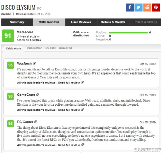 侦探RPG《极乐迪斯科(Disco Elysium)》IGN9.6分 M站均分91分