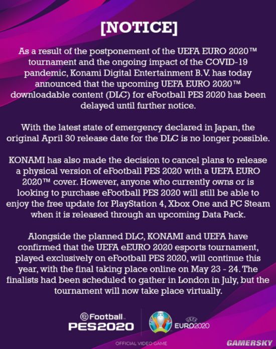 《实况足球2020》欧洲杯DLC延期发售 实体版取消上市
