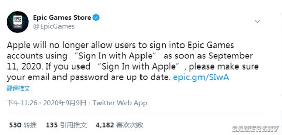 苹果将禁止使用“Apple账号登录” 进入Epic游戏账号