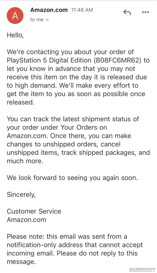 亚马逊通知PS5预购用户：可能无法发售日当天到货