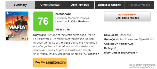PS4《四海兄弟：最终版》M站媒体均分76 好评占70%以上