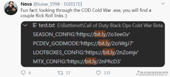 《使命召唤：黑色行动5》游戏文档里加入“瑞克摇摆”伪链接 来防止数据挖掘