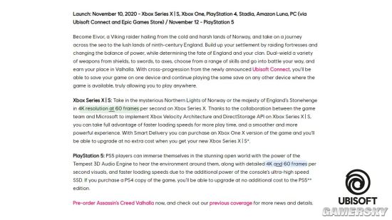 PS5《刺客信条：英灵殿》“4K和60帧”引误解 育碧更改描述