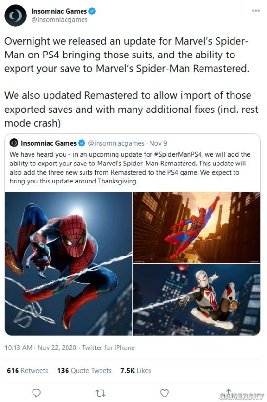 《漫威蜘蛛侠》更新支持存档转移 PS5版待机Bug修复