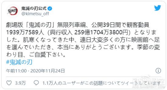 《鬼灭之刃》剧场版票房突259亿日元 升至日本影史票房季军