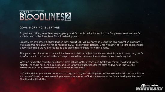 《吸血鬼：避世血族2》取消2021年内发售 开发团队离职、预售关闭