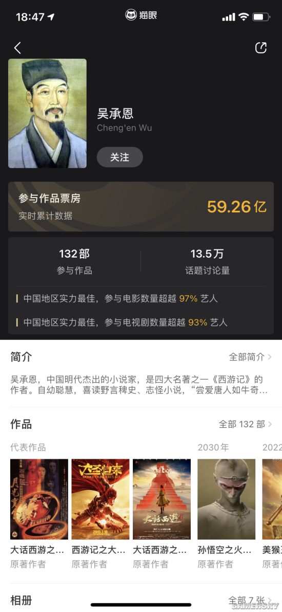 《西游记》作者吴承恩总票房近60亿元 是票房最高的已故作者