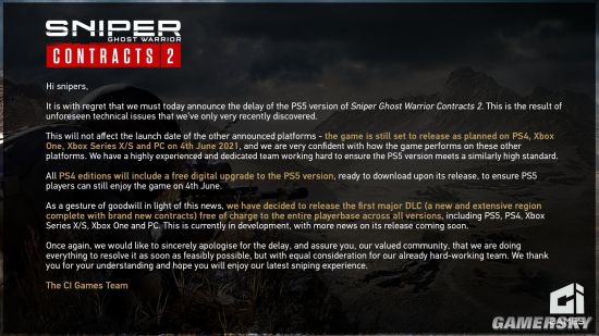 《狙击手：幽灵战士契约2》PS5版宣布跳票 官宣本作首个DLC赠送全平台