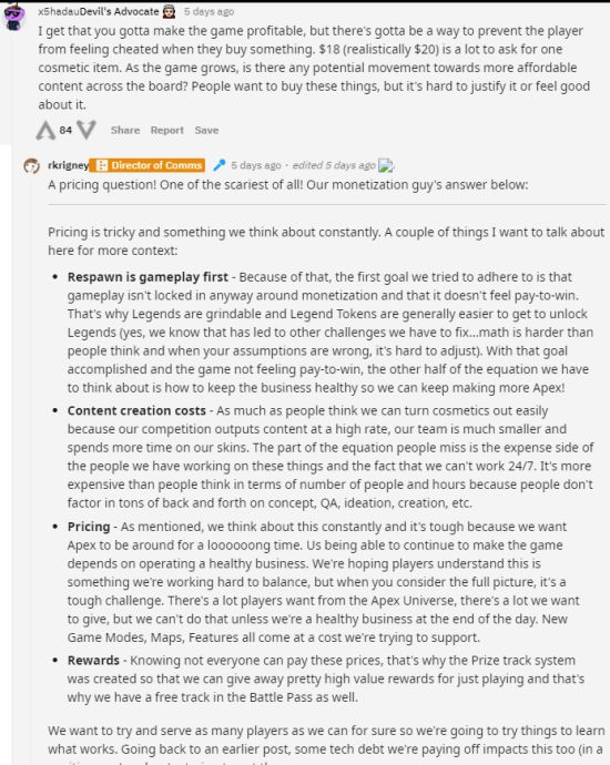 重生工作室在Reddit上回应玩家关于《Apex英雄》饰品售价问题：定价很难平衡
