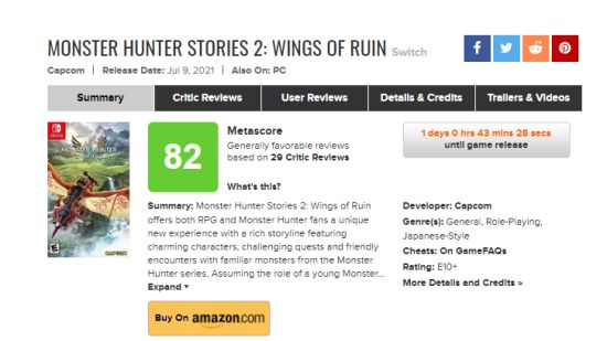 《怪猎物语2》M站评分82分 大部分媒体给出好评