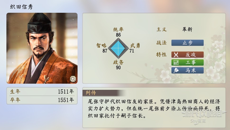 《信長之野望16新生》武將數據Top100 武將數據排名一覽_織田信秀 - 第1張