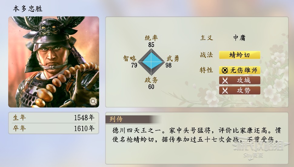 《信長之野望16新生》武將數據Top100 武將數據排名一覽_本多忠勝 - 第1張