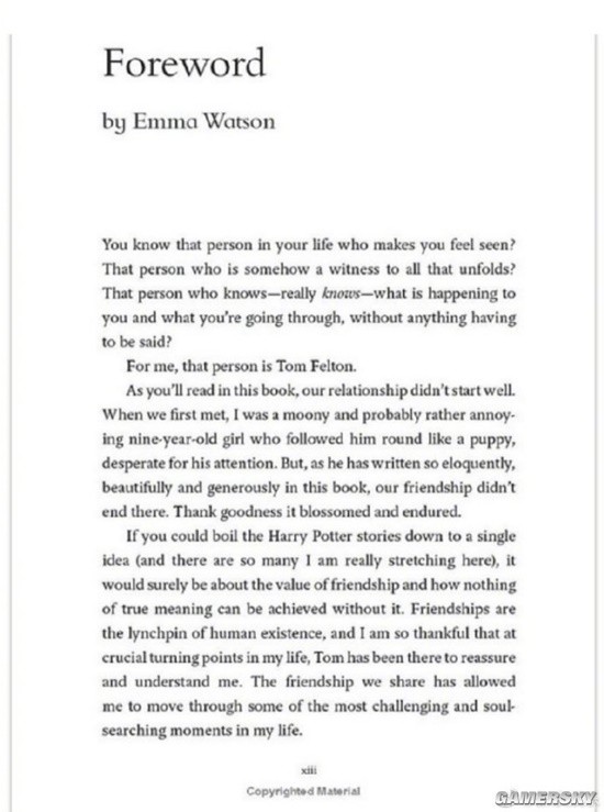 艾玛沃特森为汤姆费尔顿新书写序：我们是彼此的灵魂伴侣