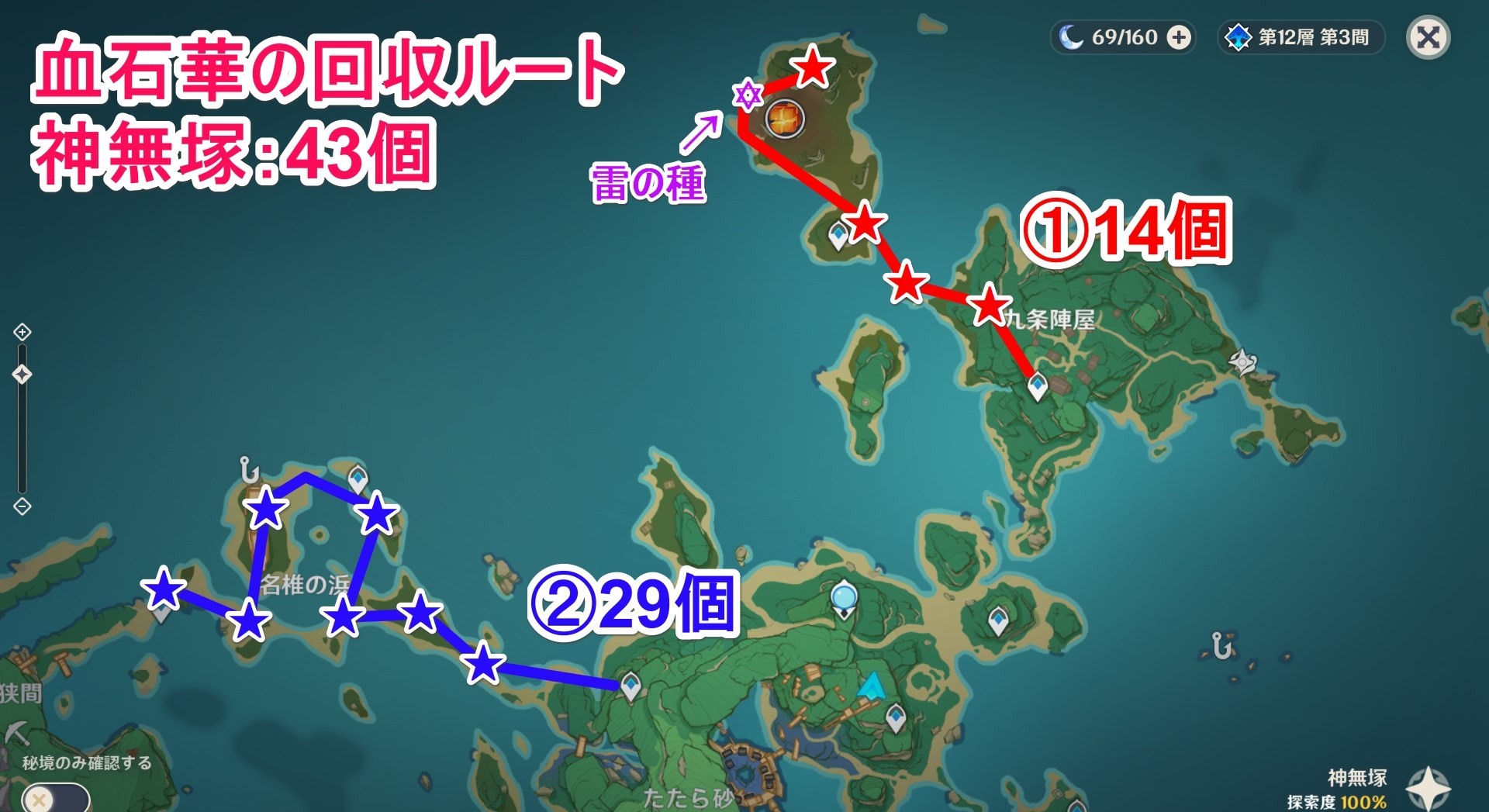 《原神》血斛收集路線 九條裟羅血斛位置及獲取方法_神無冢-路線2（29個） - 第1張