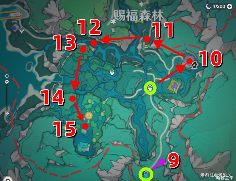 《原神》4.8希穆兰卡欢声飞羽收集路线分享_赐福森林（共7个）