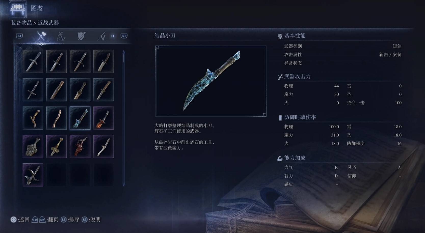 《艾尔登法环黑夜君临》全武器图鉴（上篇） 武器数据一览_短剑-结晶小刀 - 第1张