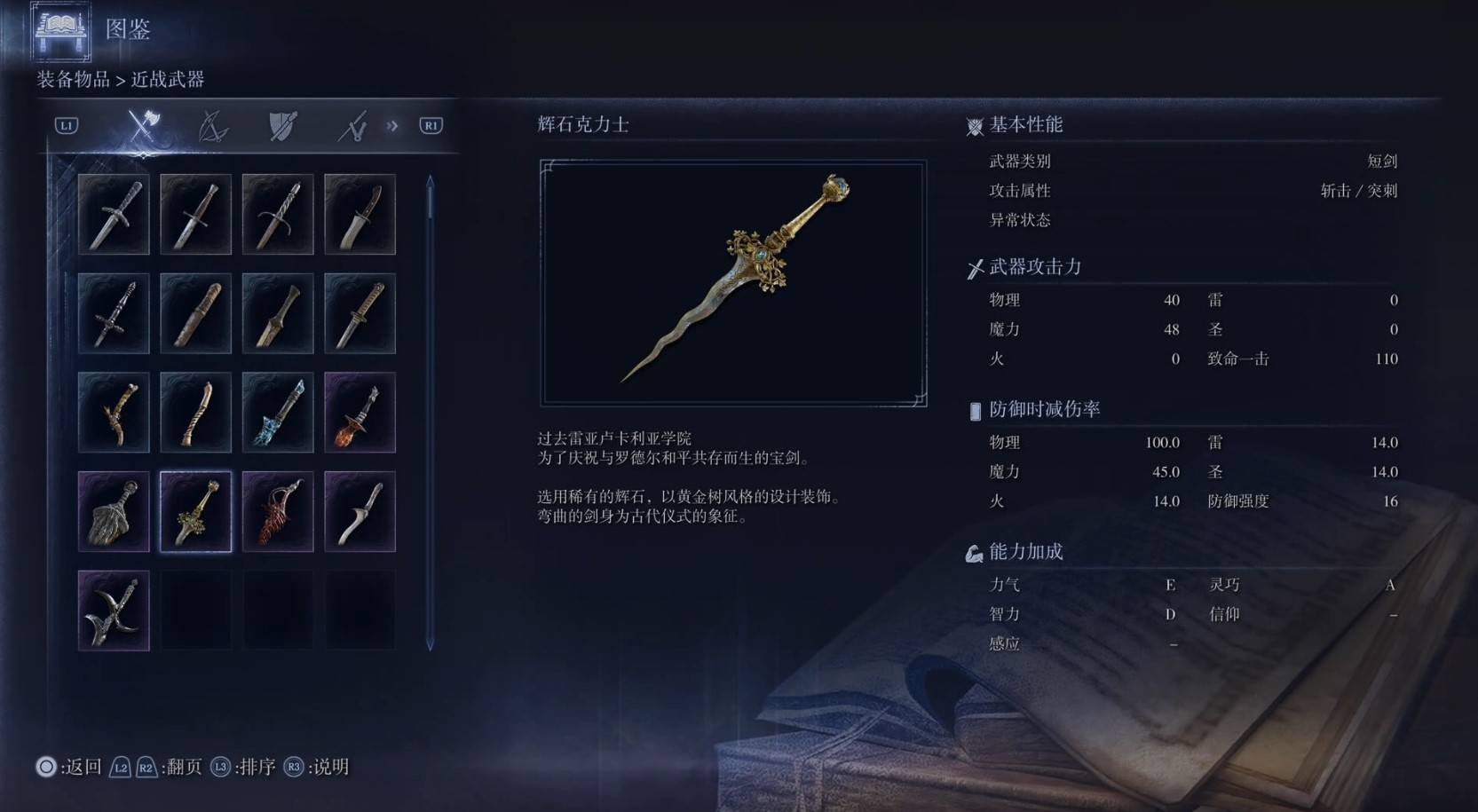 《艾尔登法环黑夜君临》全武器图鉴（上篇） 武器数据一览_短剑-辉石克力士 - 第1张