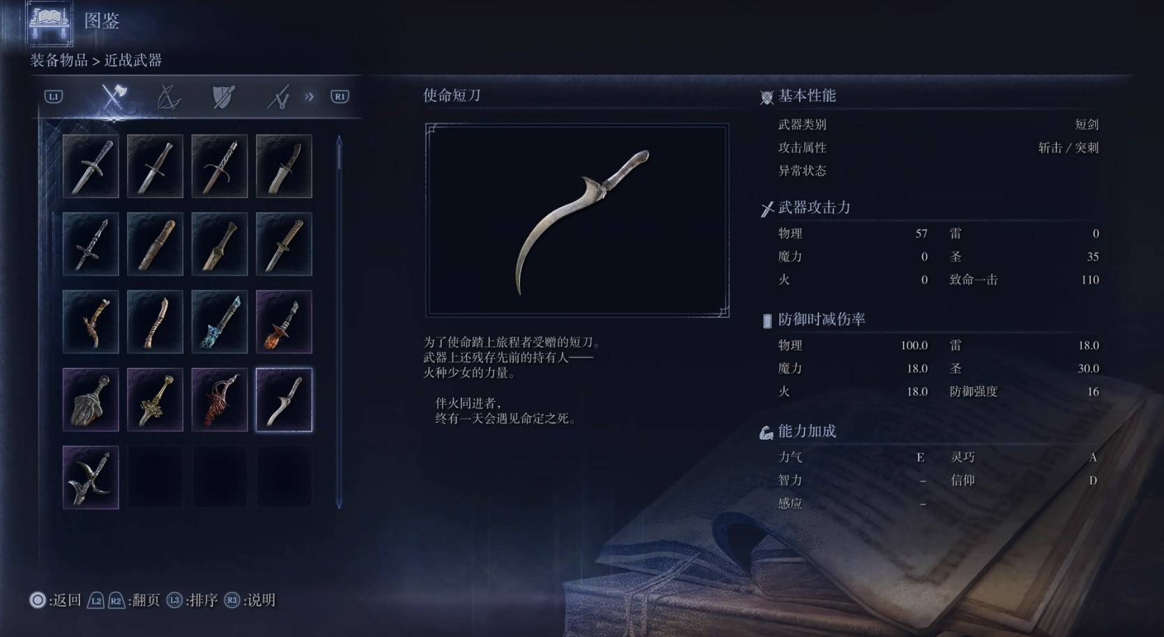 《艾尔登法环黑夜君临》全武器图鉴（上篇） 武器数据一览_短剑-使命短刀 - 第1张