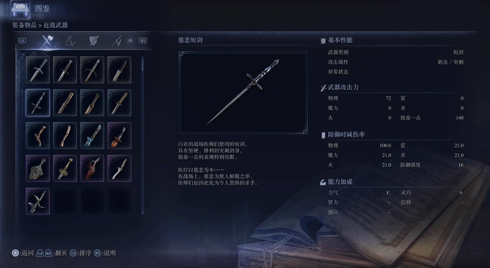 《艾尔登法环黑夜君临》全武器图鉴（上篇） 武器数据一览_短剑-慈悲短剑 - 第1张