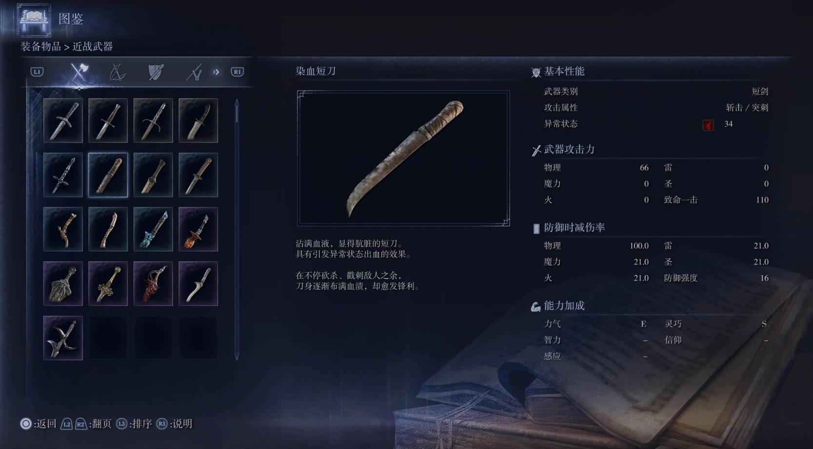 《艾尔登法环黑夜君临》全武器图鉴（上篇） 武器数据一览_短剑-染血短刀 - 第1张
