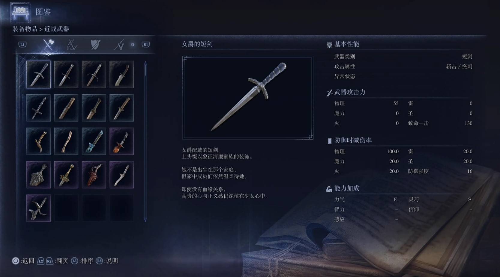 《艾尔登法环黑夜君临》全武器图鉴（上篇） 武器数据一览_短剑-女爵的短剑 - 第1张