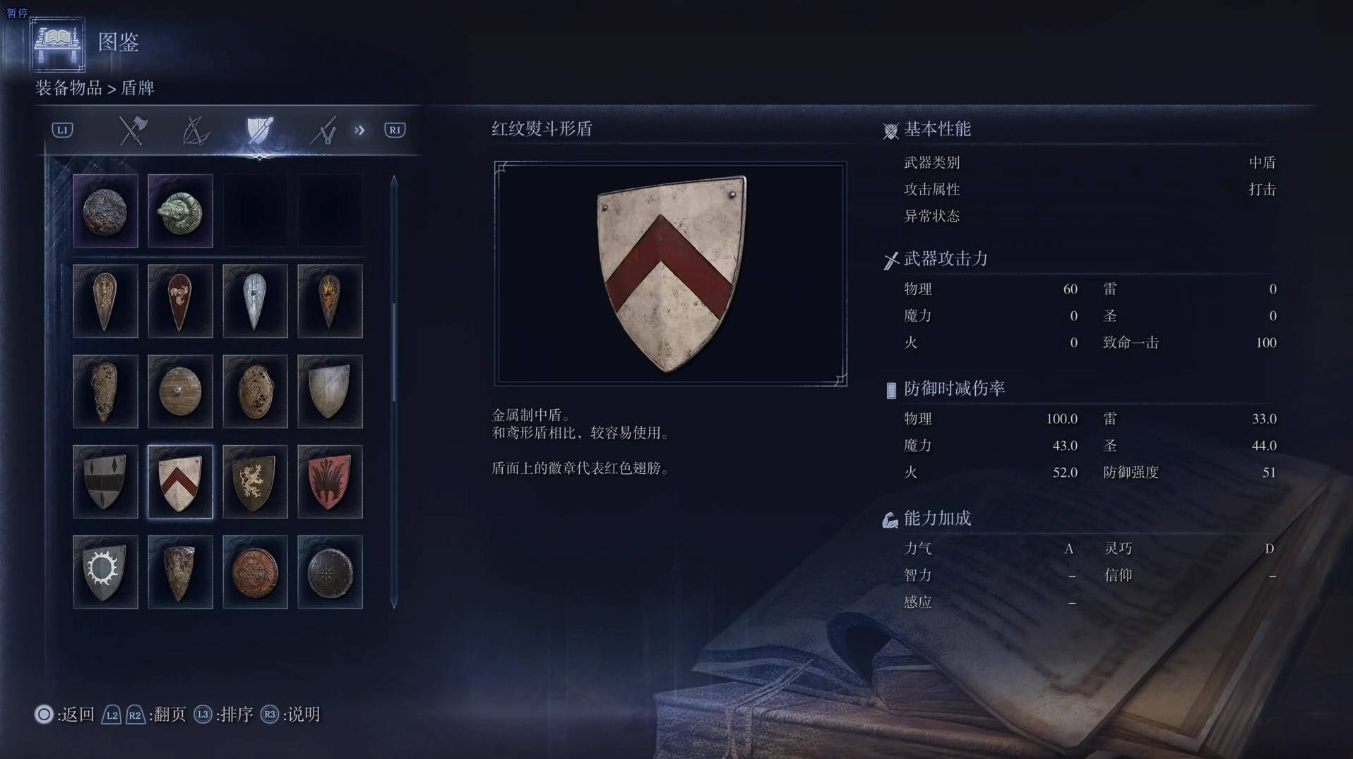 《艾尔登法环黑夜君临》全武器图鉴（下篇） 武器数据一览_中盾-红纹熨斗形盾 - 第1张
