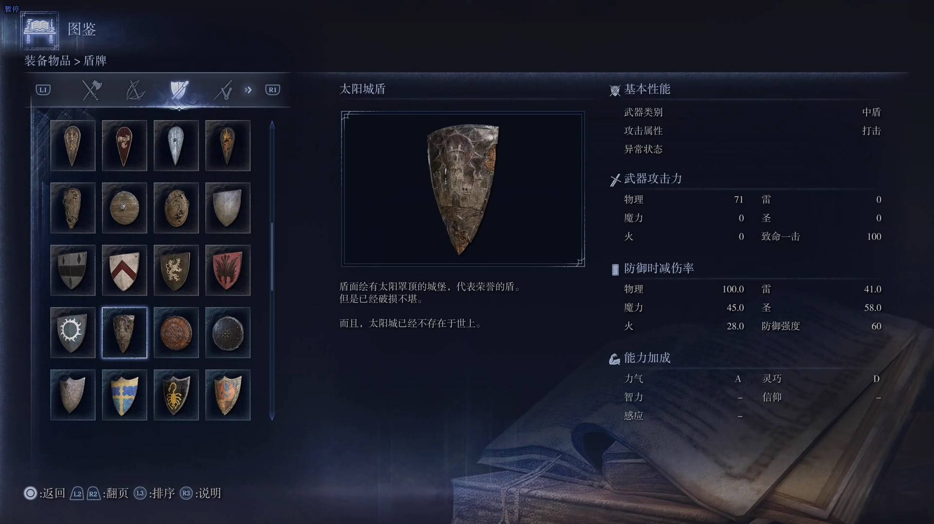 《艾尔登法环黑夜君临》全武器图鉴（下篇） 武器数据一览_中盾-太阳城盾 - 第1张