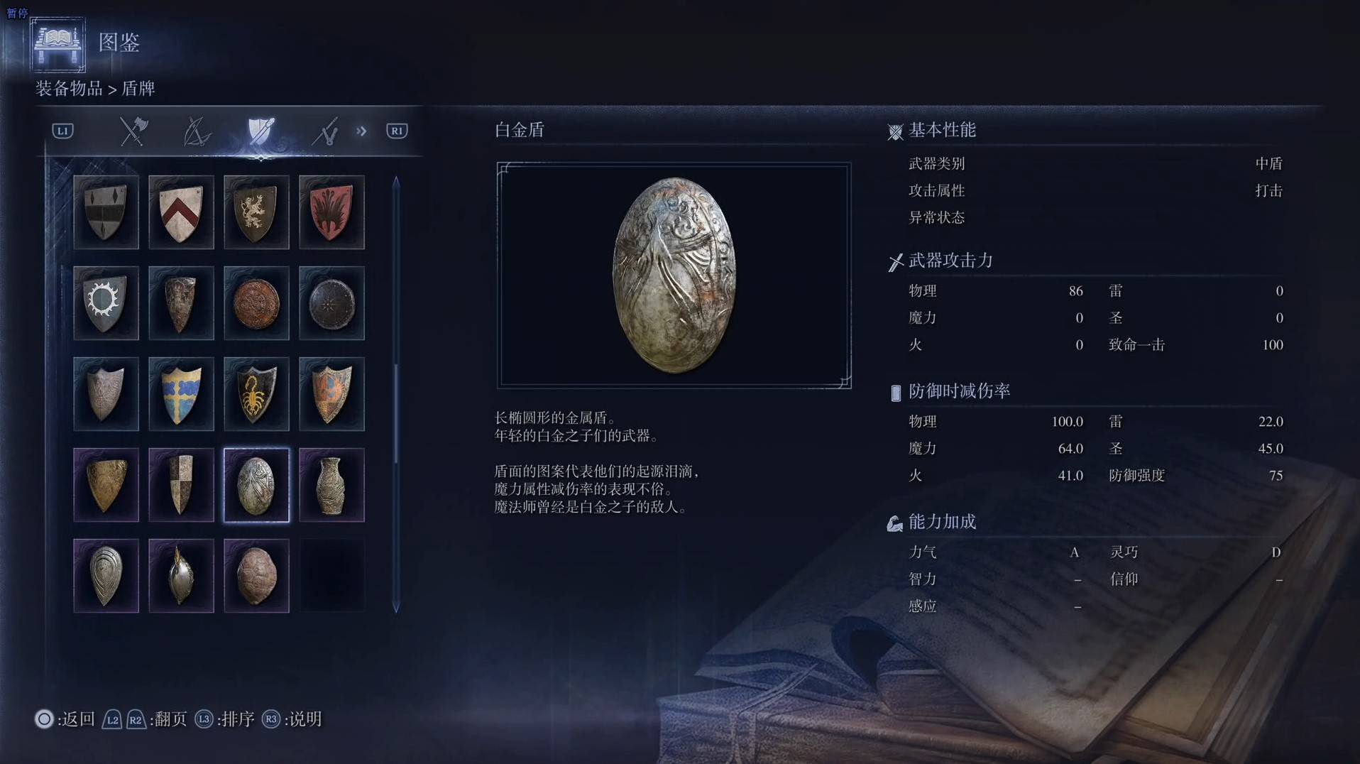 《艾爾登法環黑夜君臨》全武器圖鑑（下篇） 武器數據一覽_中盾-白金盾