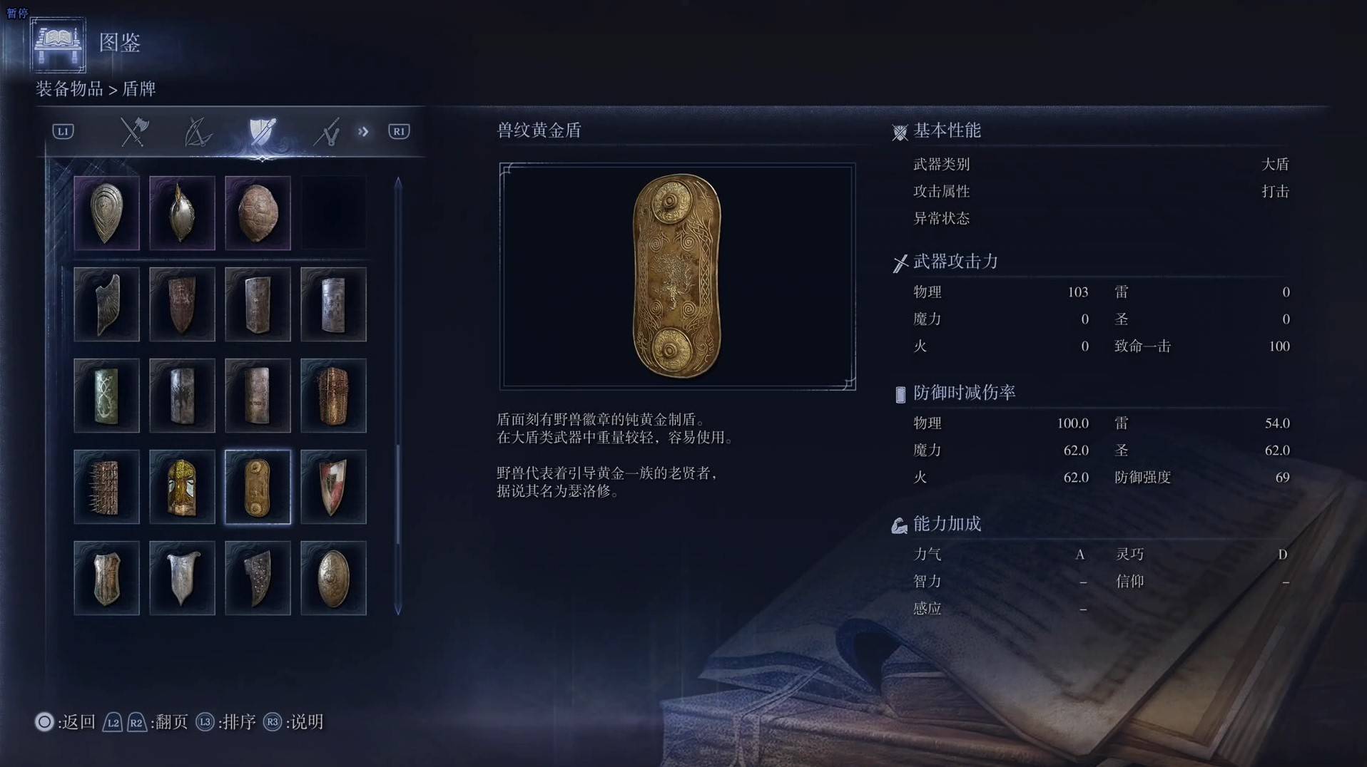 《艾爾登法環黑夜君臨》全武器圖鑑（下篇） 武器數據一覽_大盾-獸紋黃金盾 - 第1張