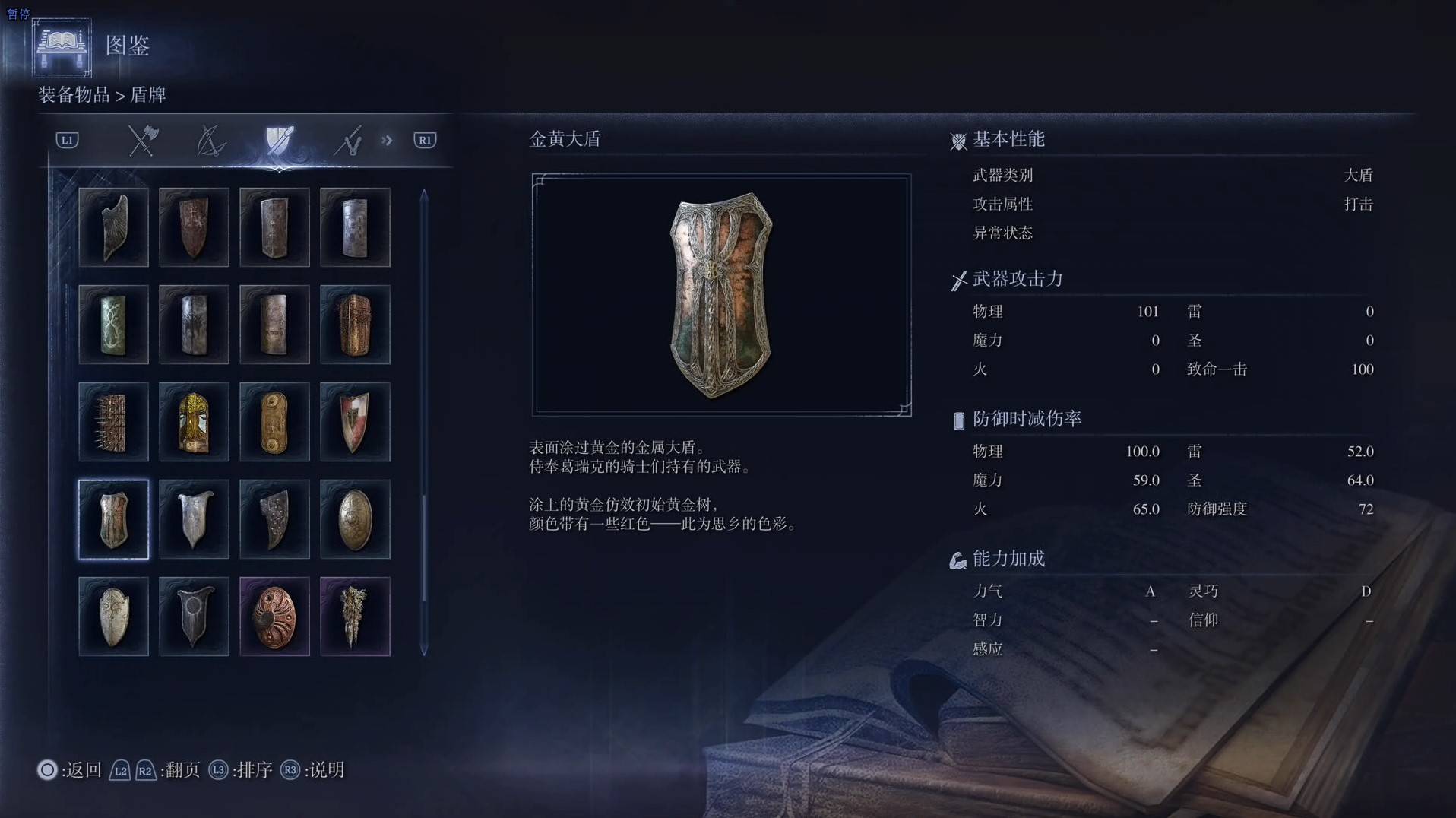 《艾爾登法環黑夜君臨》全武器圖鑑（下篇） 武器數據一覽_大盾-金黃大盾