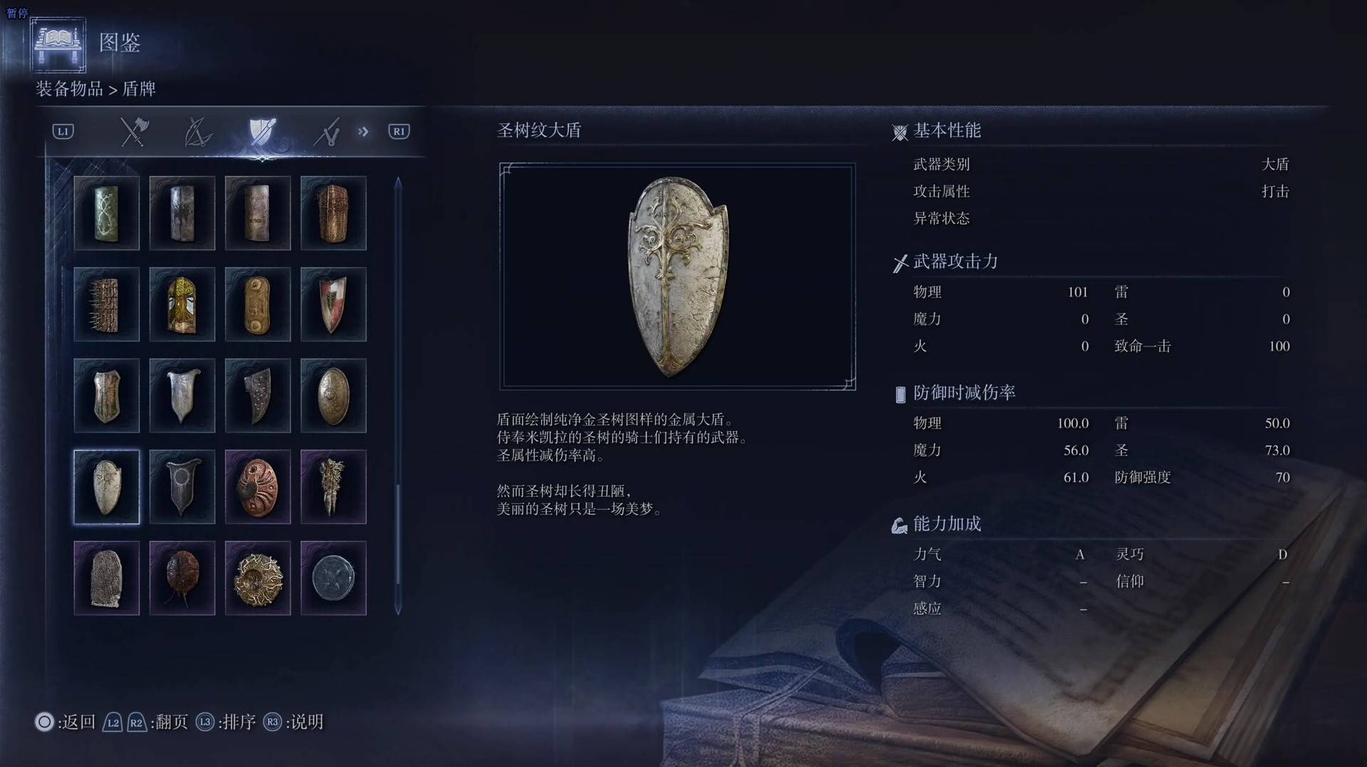 《艾爾登法環黑夜君臨》全武器圖鑑（下篇） 武器數據一覽_大盾-聖樹紋大盾 - 第1張