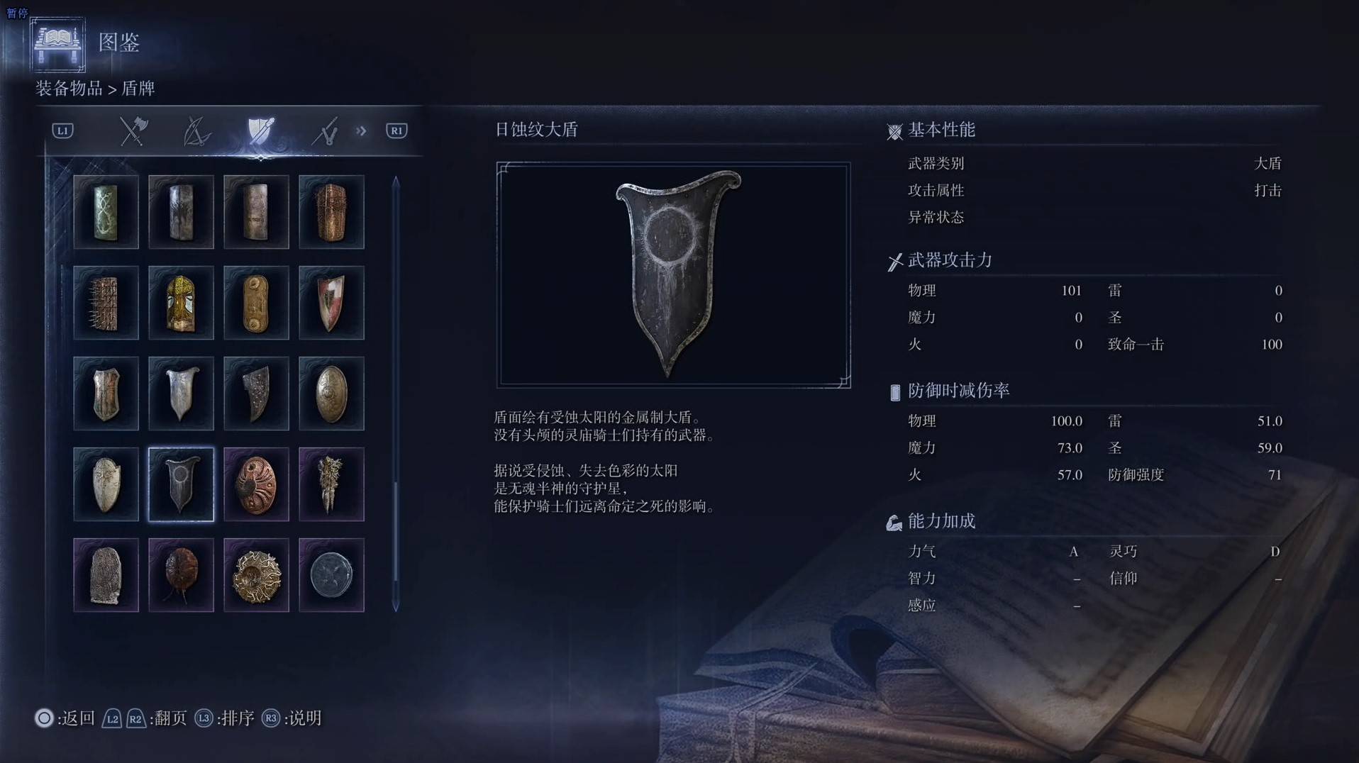 《艾爾登法環黑夜君臨》全武器圖鑑（下篇） 武器數據一覽_大盾-日蝕紋大盾