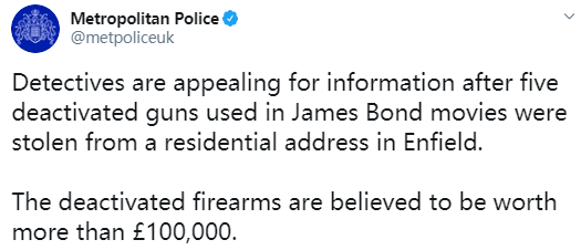 
            5把《007》电影使用过的手枪被盗 价值超10万英镑
            
              2020-03-28 15:26:36 来源：游民星空 作者：明镜